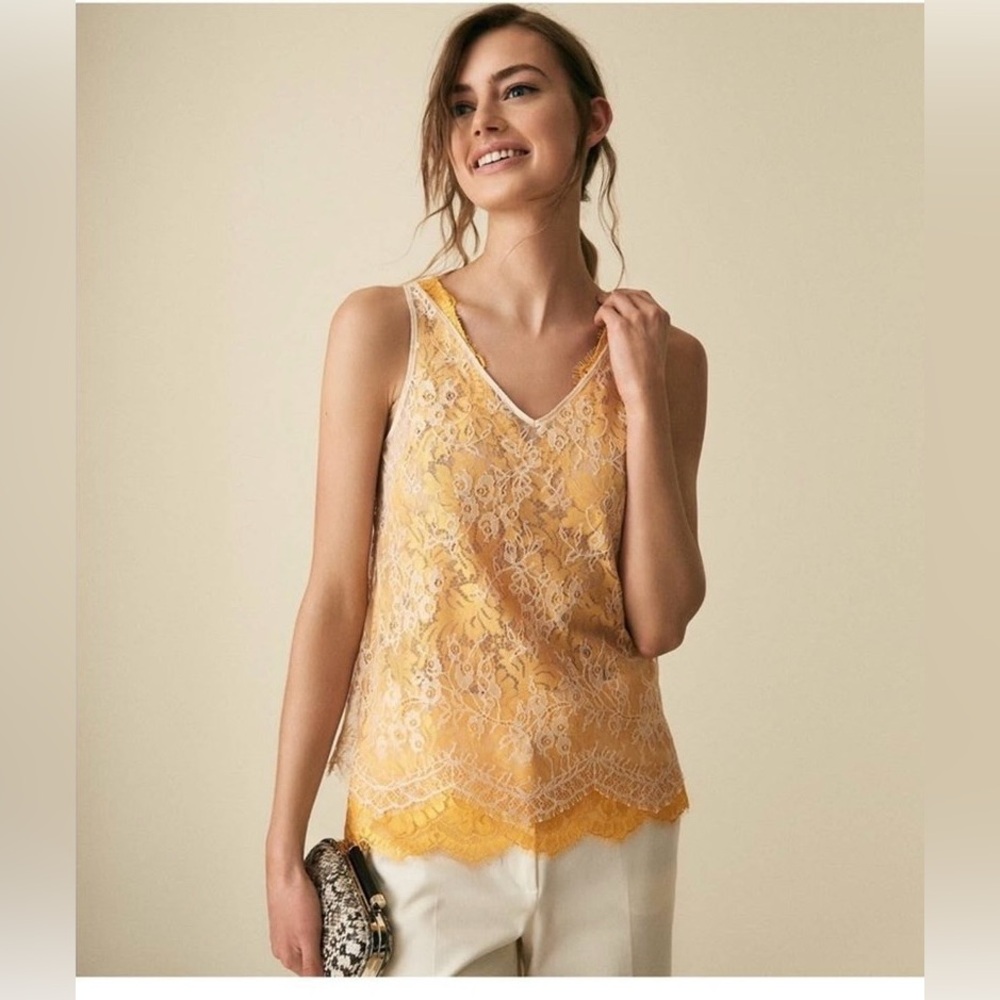 Reiss 6 Kodi lace top lace layered sleeveless cream golden yellow tank